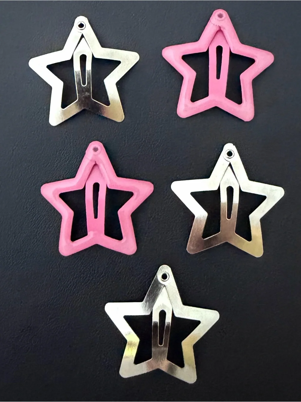 5 Snap Metal Hair Clips Barrettes ~ 2 Glow in the Dark Pink Stars, 3 Silver